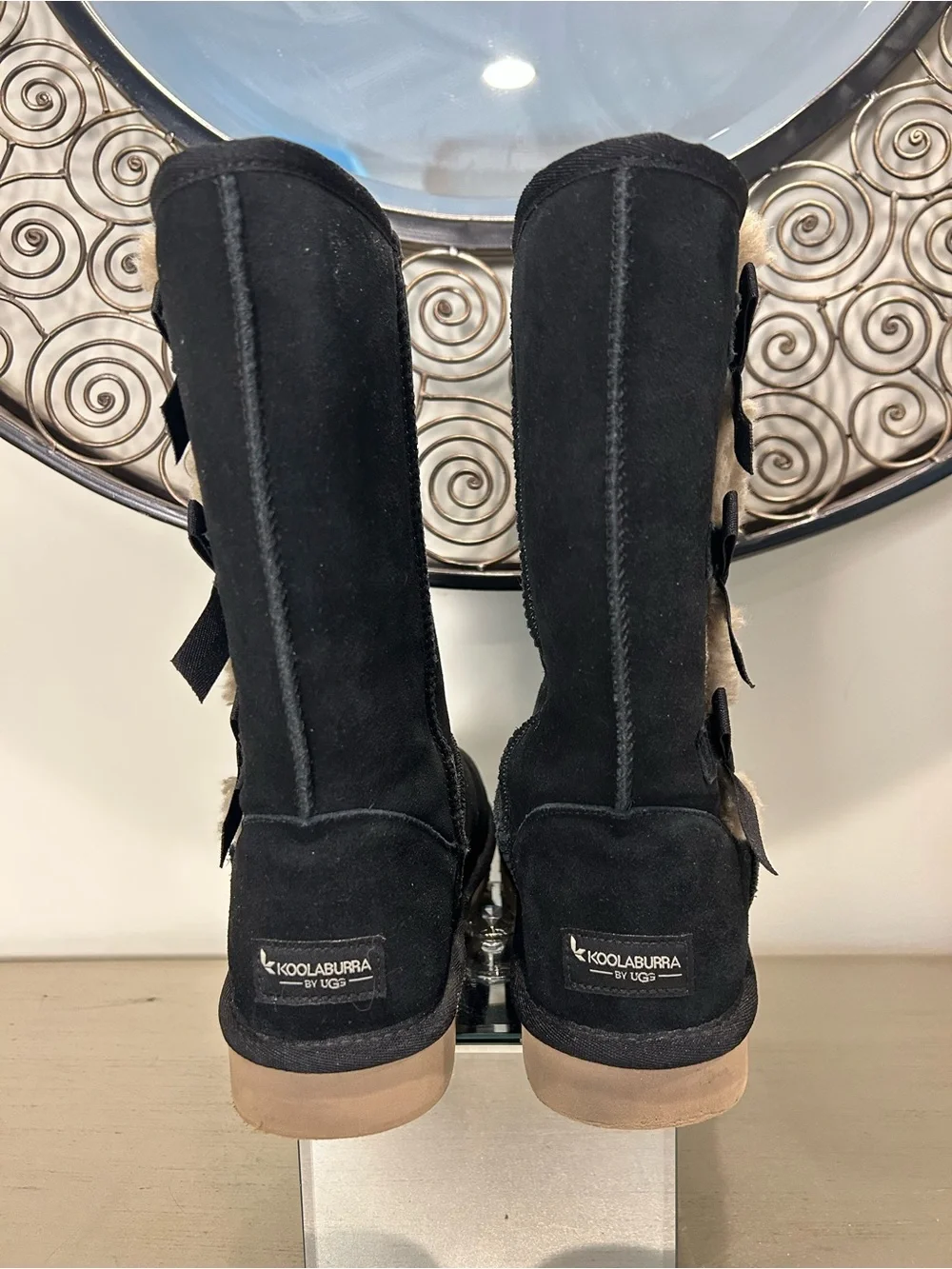 Koolaburra Black Suede Mid-Calf Boots with Cream Fur Trim and Side Bows